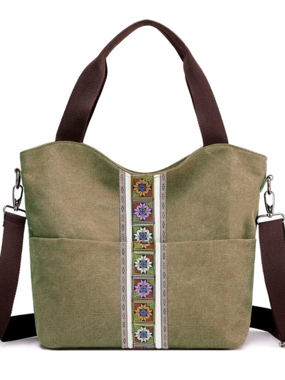 Women's Canvas Large Tote Bag Embroidered Shoulder Bag Multi Pocket Crossbody
